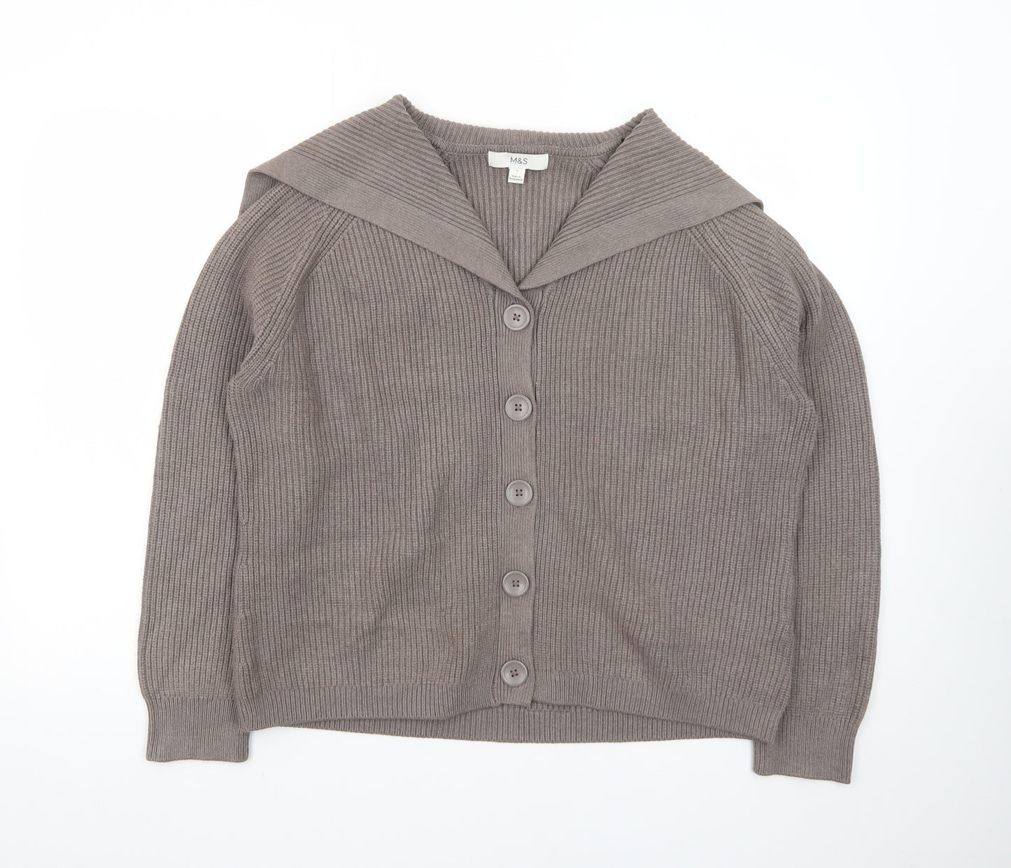 Marks and Spencer Women Brown L Button Collared Ribbed Cardigan