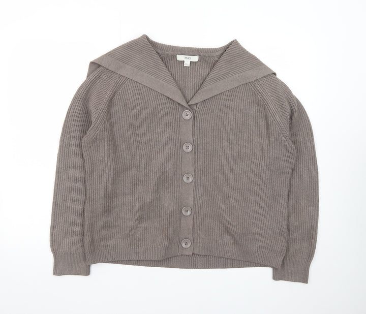 Marks and Spencer Women Brown L Button Collared Ribbed Cardigan