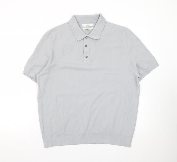 Marks and Spencer Men's Grey Cotton Polo Shirt XL Short Sleeve