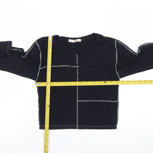 America Today Womens Black Cropped Long Sleeve Contrast Stitch T-Shirt S