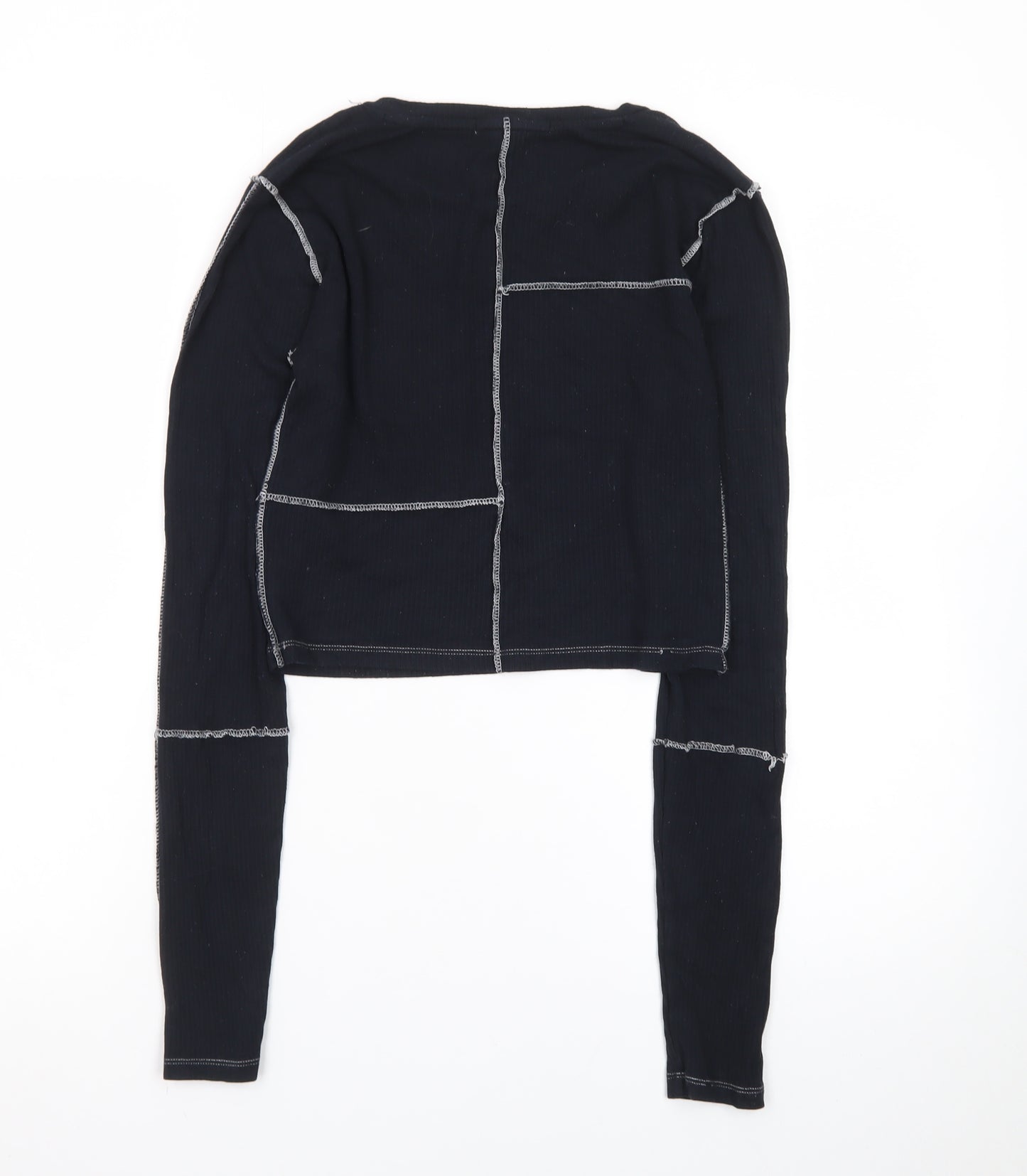 America Today Womens Black Cropped Long Sleeve Contrast Stitch T-Shirt S