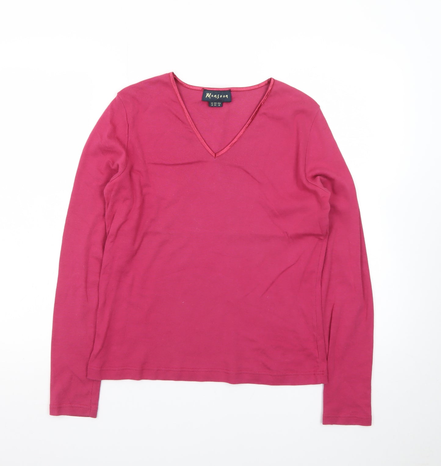 Monsoon Women Pink V-Neck Long Sleeve Cotton Basic Top Size 14