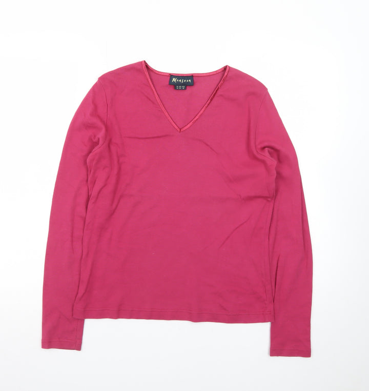 Monsoon Women Pink V-Neck Long Sleeve Cotton Basic Top Size 14