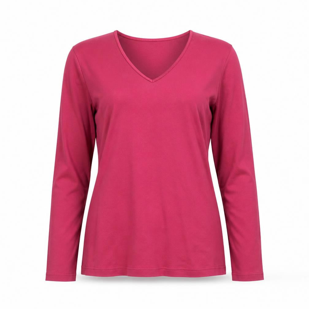 Monsoon Women Pink V-Neck Long Sleeve Cotton Basic Top Size 14