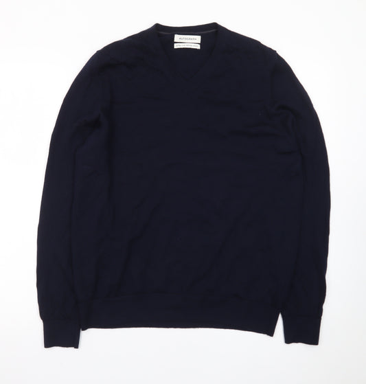 Marks and Spencer Men’s Blue Wool V-Neck Jumper Size L