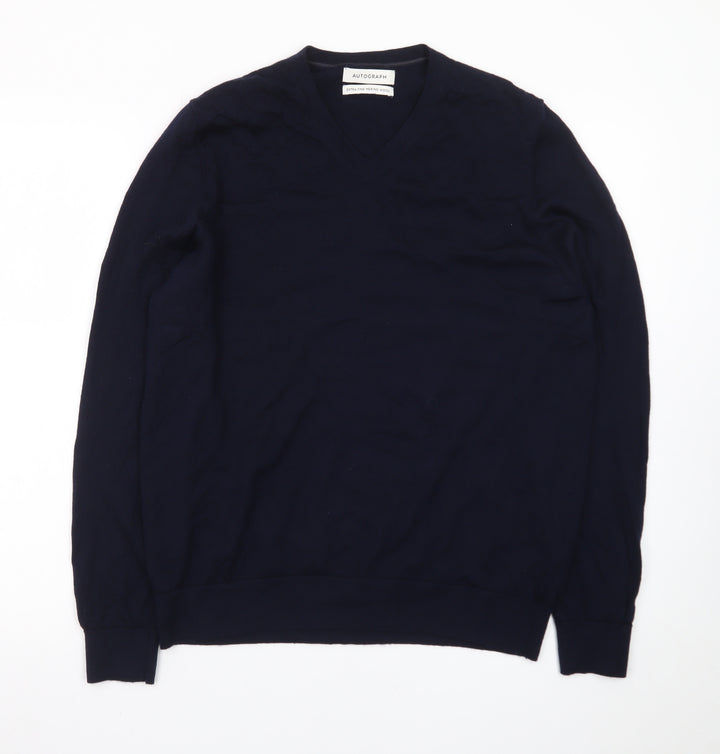 Marks and Spencer Men’s Blue Wool V-Neck Jumper Size L