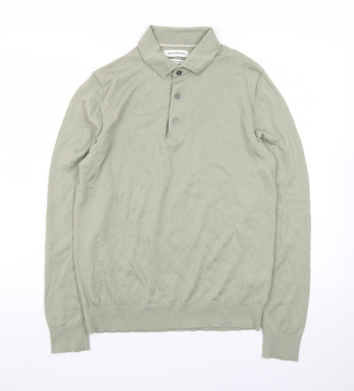 Marks and Spencer Men’s Green Extra Fine Merino Wool Collared Henley Jumper M