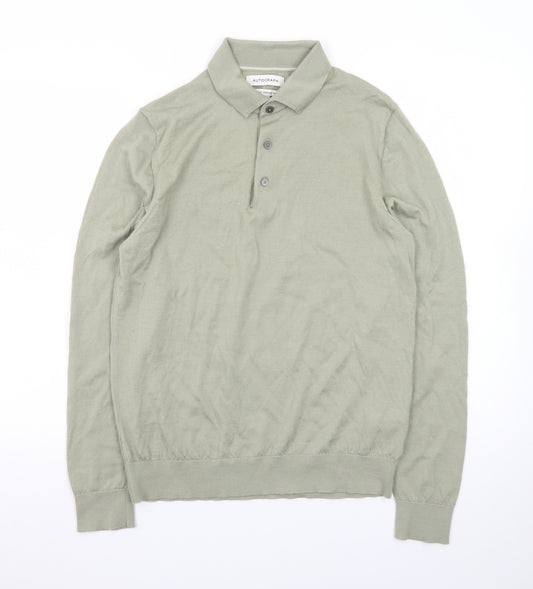 Marks and Spencer Men’s Green Extra Fine Merino Wool Collared Henley Jumper M