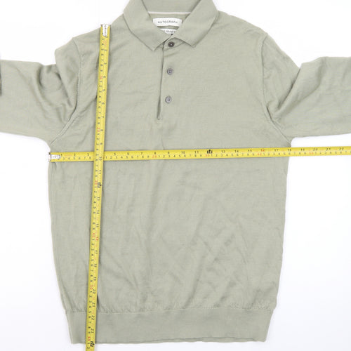 Marks and Spencer Men’s Green Extra Fine Merino Wool Collared Henley Jumper M