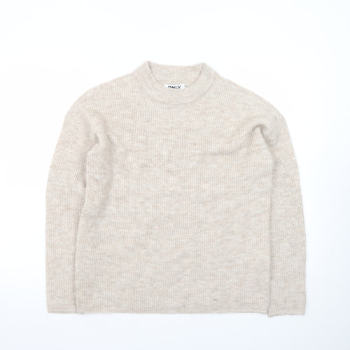 ONLY Women's Beige Cotton Blend Mock Neck Jumper Size S