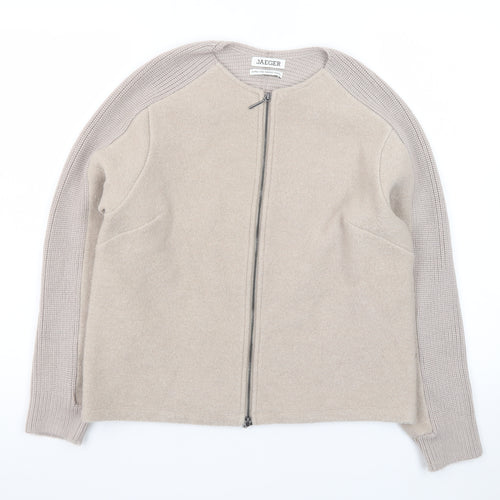 Jaeger Women Beige Wool Full Zip Cardigan S