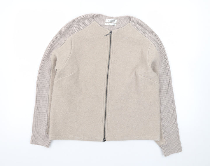 Jaeger Women Beige Wool Full Zip Cardigan S