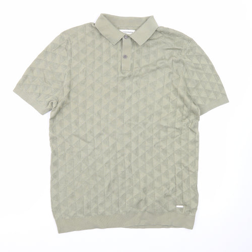 Marks and Spencer Men's Green Geometric Knit Polo Shirt Size M