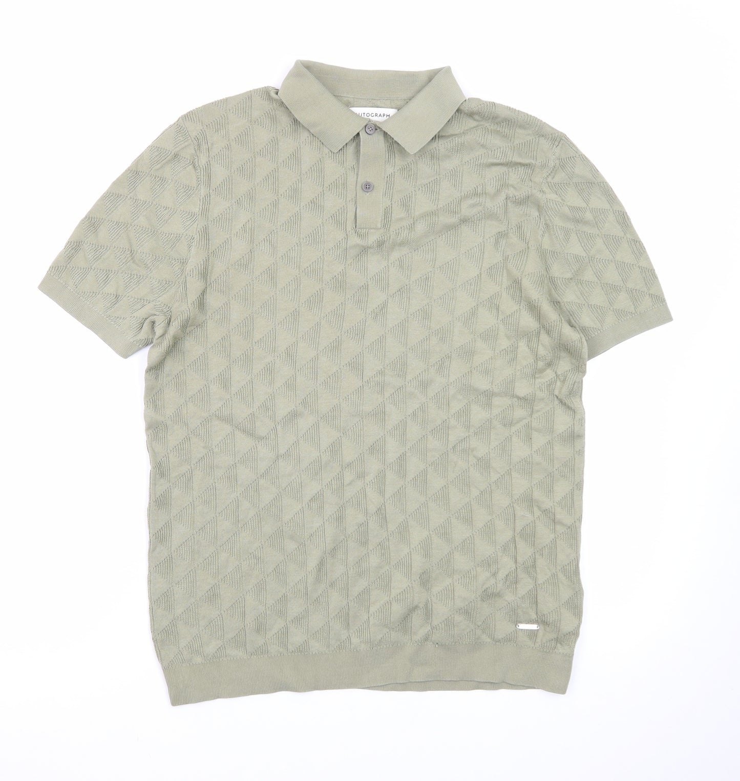 Marks and Spencer Men's Green Geometric Knit Polo Shirt Size M