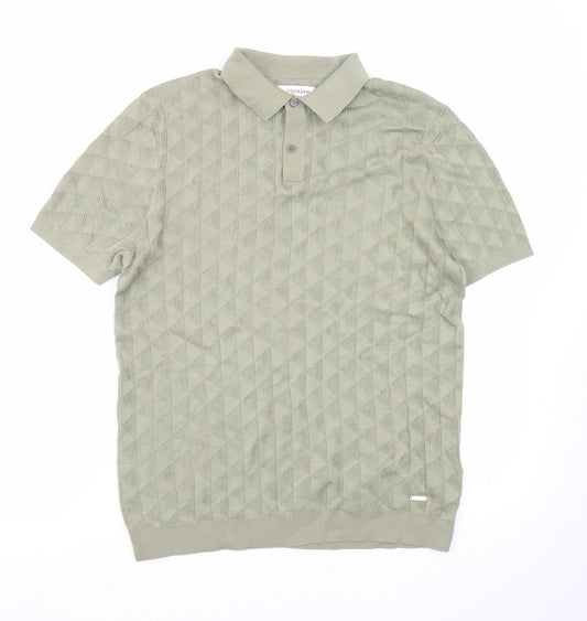 Marks and Spencer Men's Green Geometric Knit Polo Shirt Size M