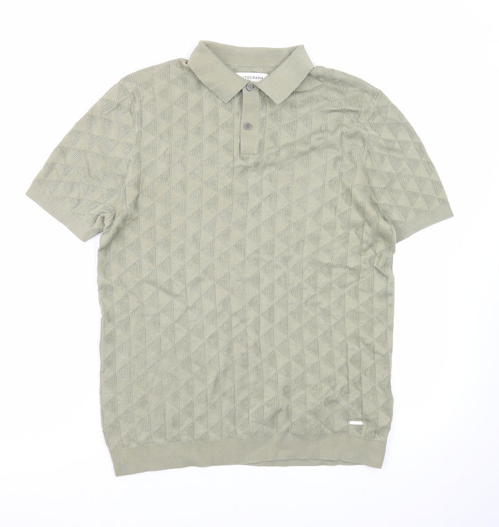 Marks and Spencer Men's Green Geometric Knit Polo Shirt Size M