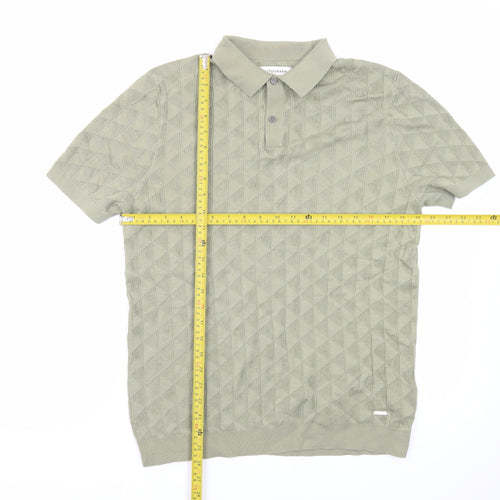 Marks and Spencer Men's Green Geometric Knit Polo Shirt Size M
