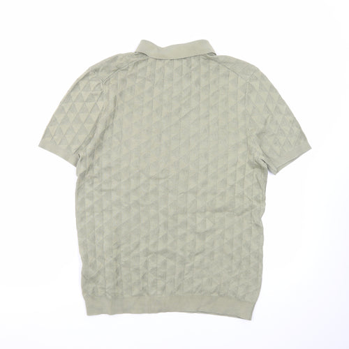 Marks and Spencer Men's Green Geometric Knit Polo Shirt Size M