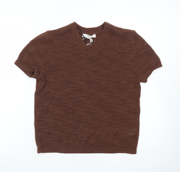 Marks and Spencer Women Brown V-Neck Short Sleeve Wool Jumper Size Small