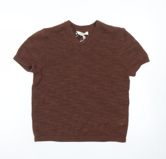 Marks and Spencer Women Brown V-Neck Short Sleeve Wool Jumper Size Small