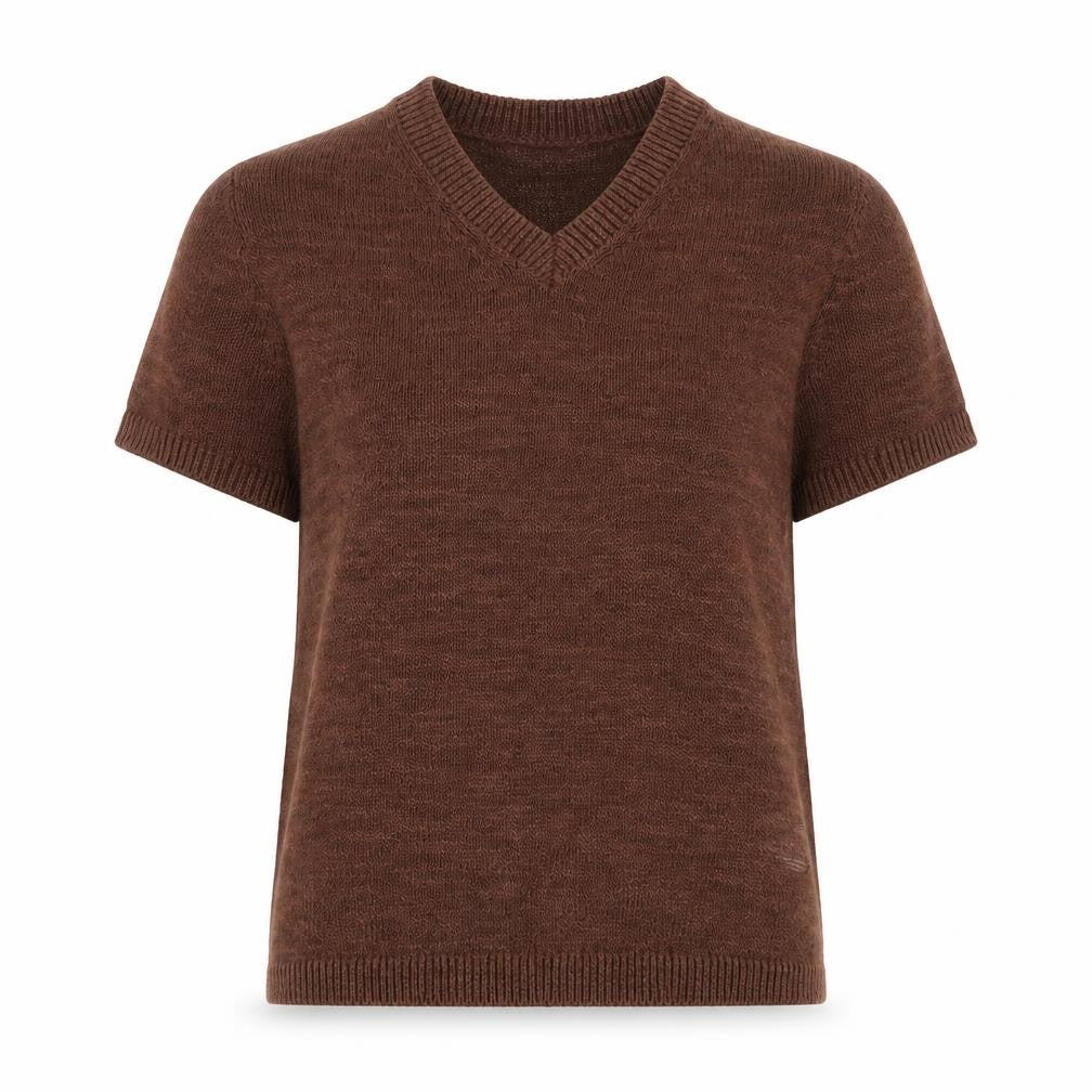 Marks and Spencer Women Brown V-Neck Short Sleeve Wool Jumper Size Small