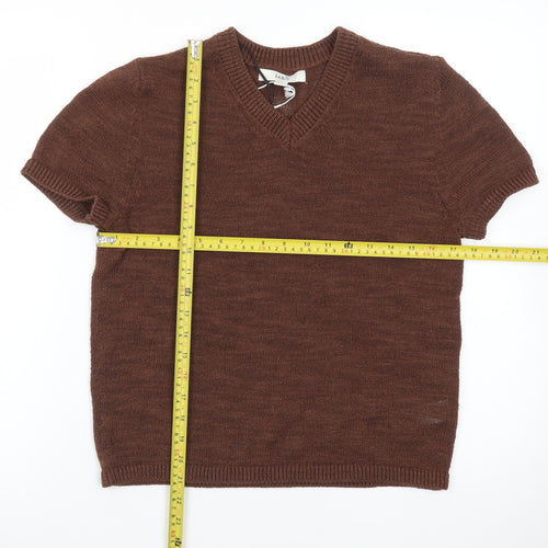 Marks and Spencer Women Brown V-Neck Short Sleeve Wool Jumper Size Small