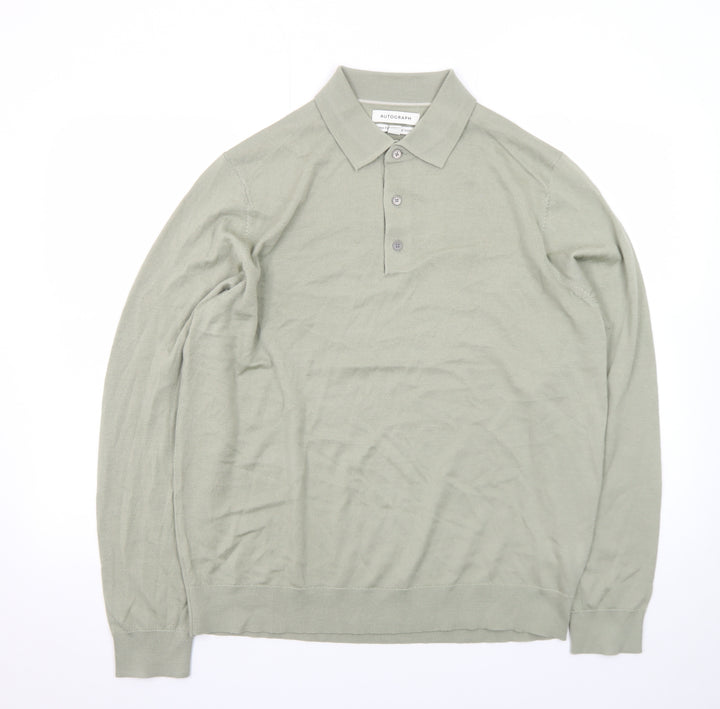 Marks and Spencer Men’s Green Merino Wool Collared Henley Jumper L