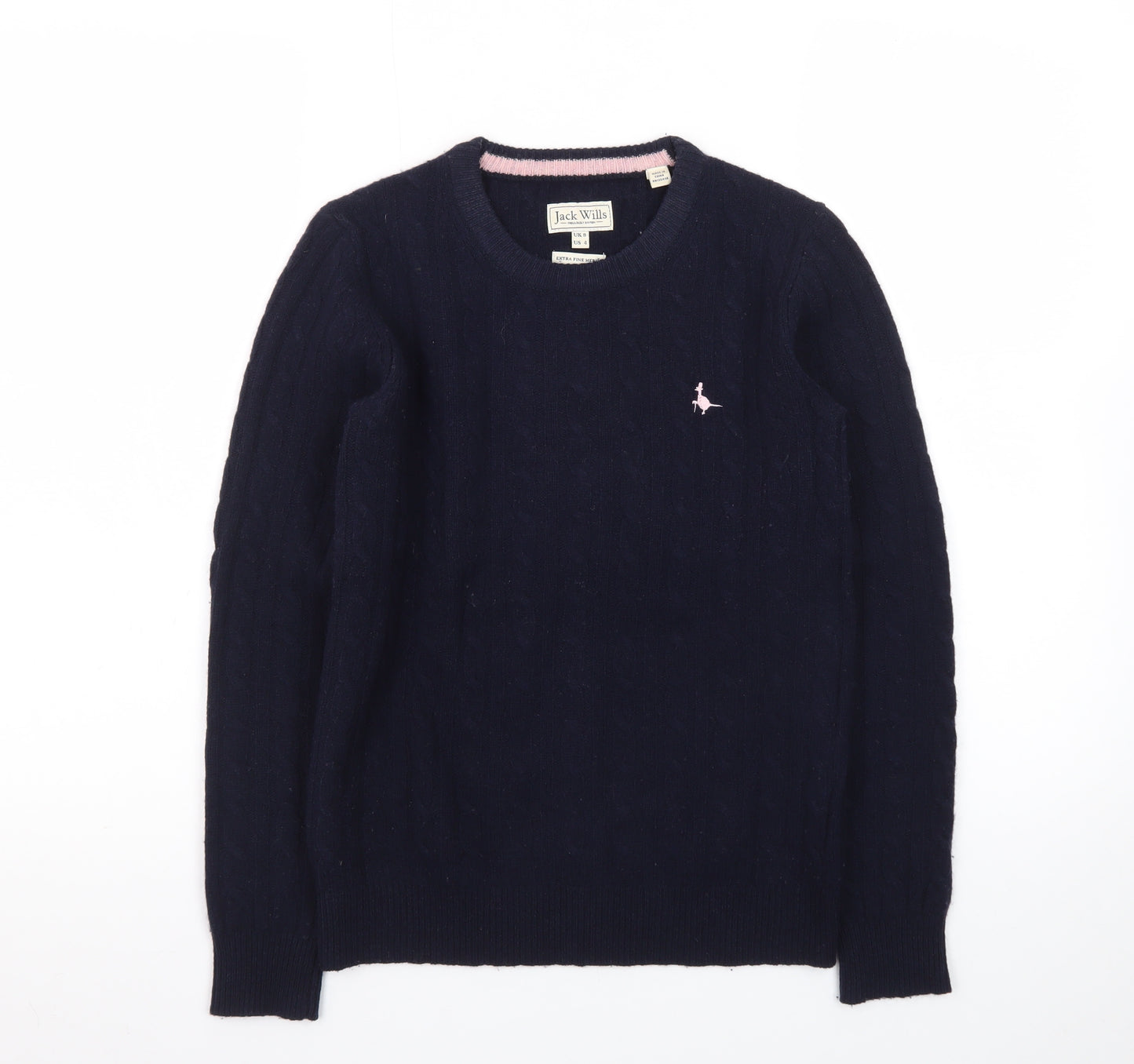 Jack Wills Women's Navy Cable-Knit Jumper UK 8 Extra Fine Merino Wool