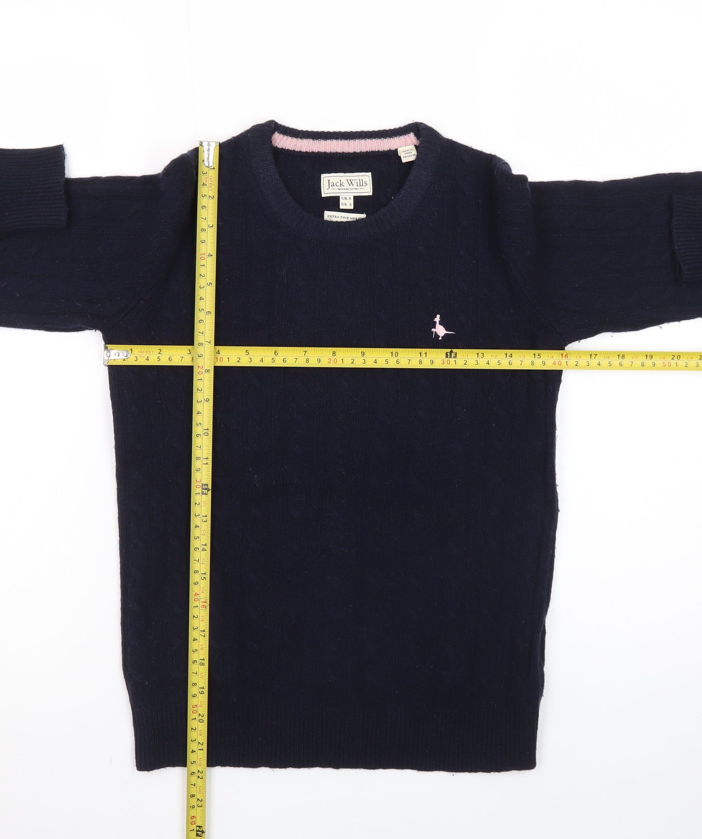 Jack Wills Women's Navy Cable-Knit Jumper UK 8 Extra Fine Merino Wool