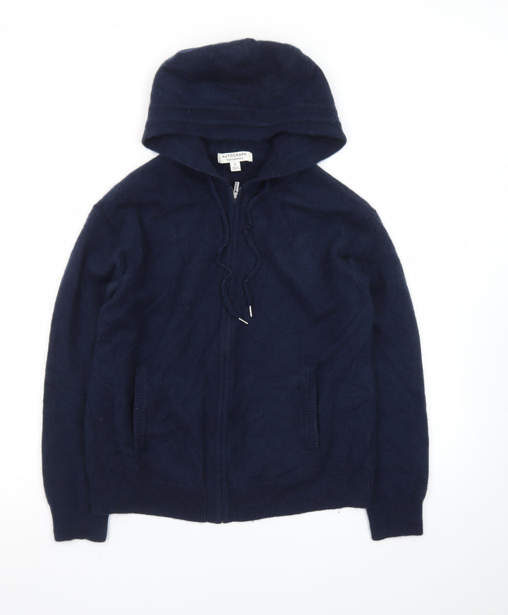 Marks and Spencer Women Blue Pure Cashmere Hooded Full Zip Jumper M