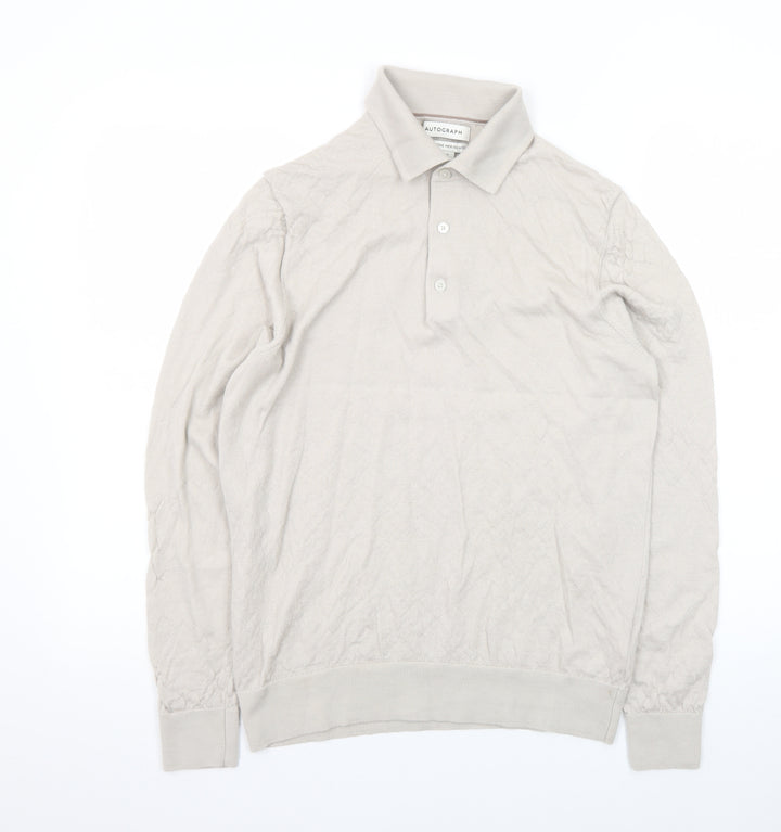 Marks and Spencer Men Beige Merino Wool Collared Henley Jumper M