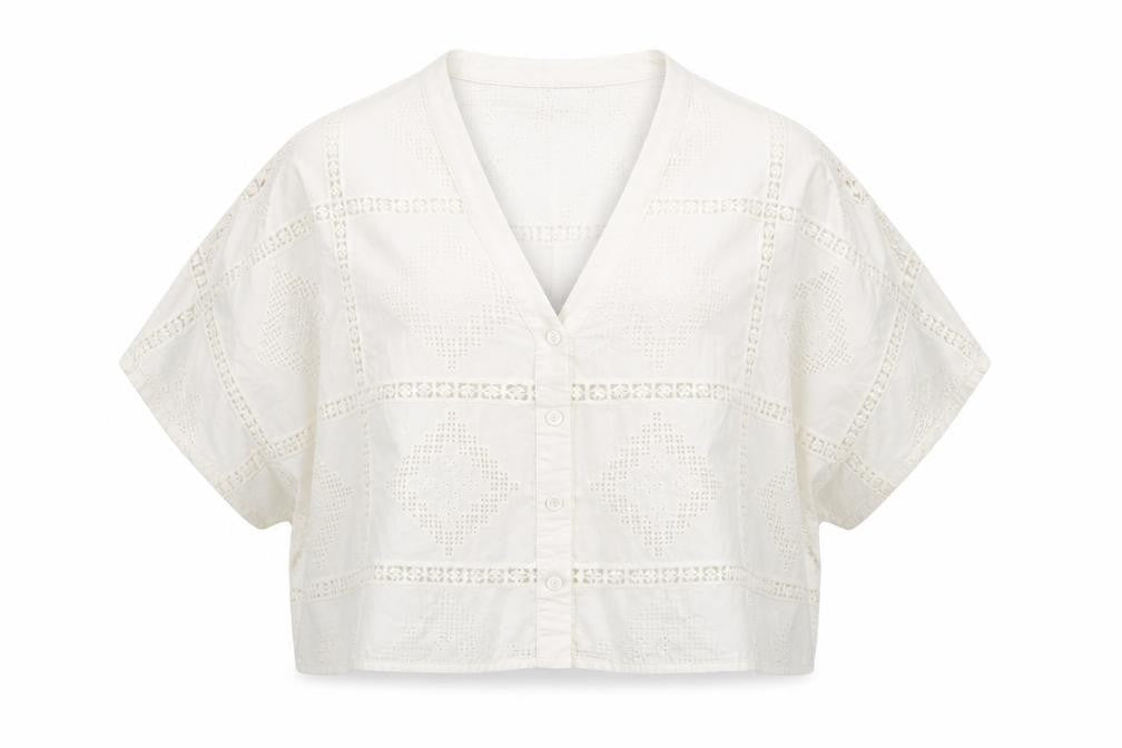Marks and Spencer Women Ivory Cotton Cropped Lace Blouse Size 10