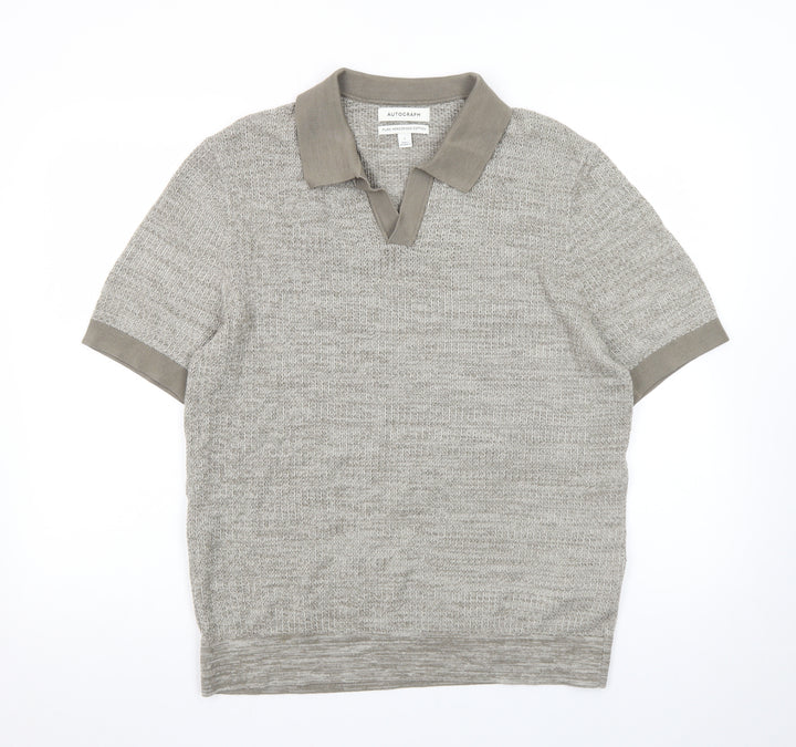 Marks and Spencer Autograph Men's Grey L Cotton Knit Polo Shirt