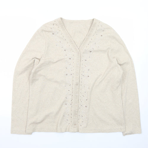 Dash Women Beige Embroidered Cotton V-Neck Cardigan Size 18