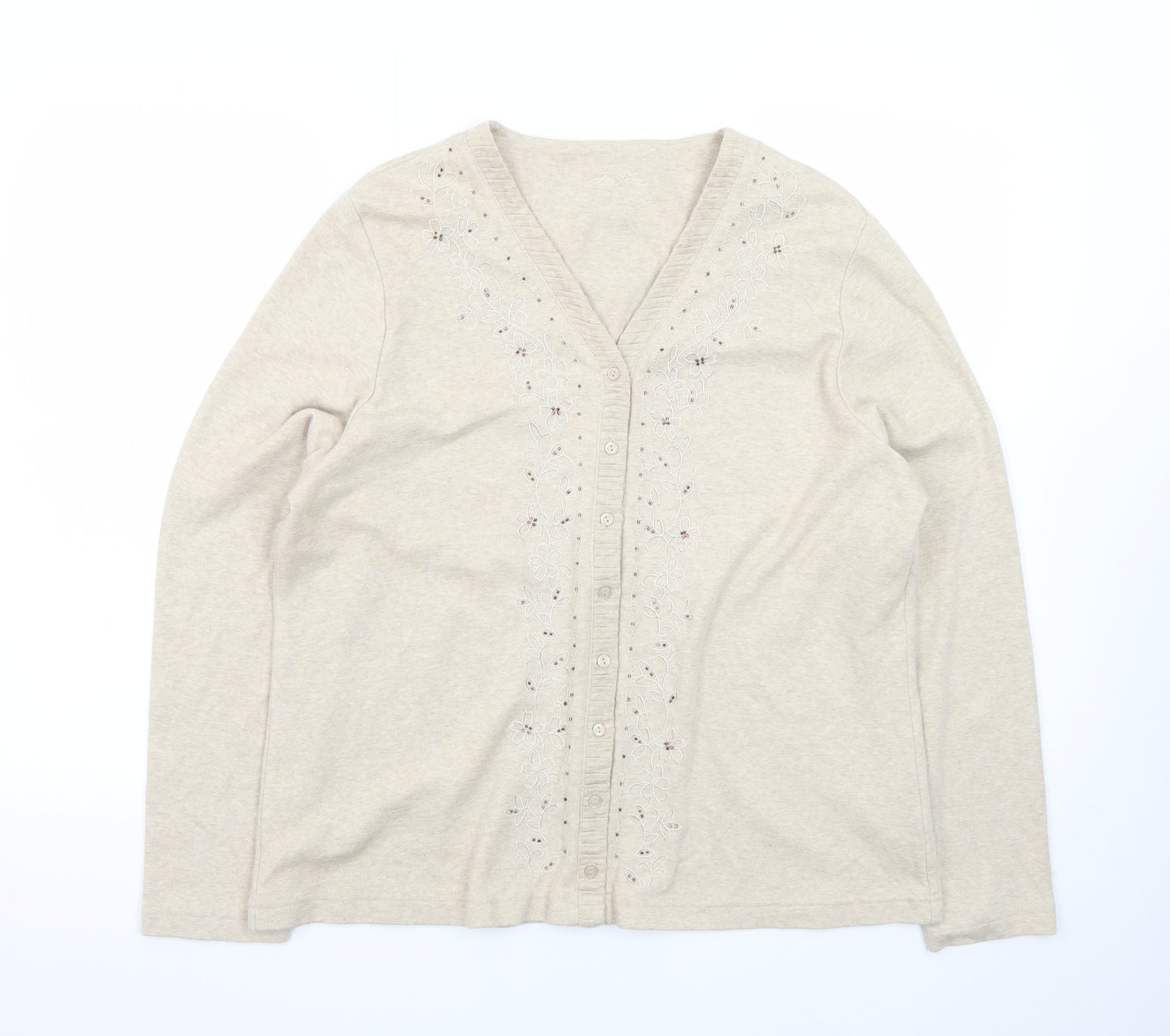 Dash Women Beige Embroidered Cotton V-Neck Cardigan Size 18