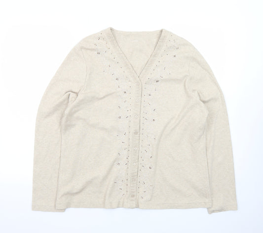 Dash Women Beige Embroidered Cotton V-Neck Cardigan Size 18