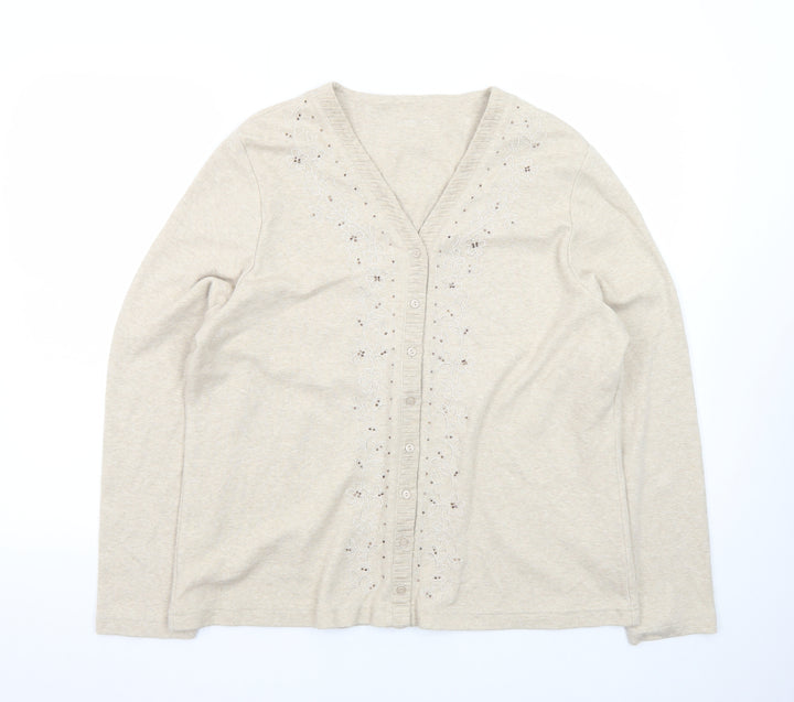 Dash Women Beige Embroidered Cotton V-Neck Cardigan Size 18