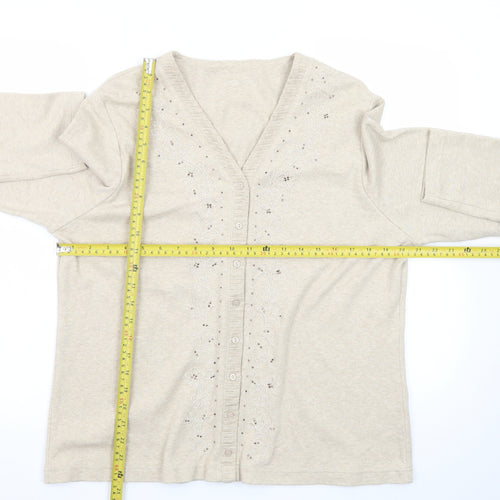 Dash Women Beige Embroidered Cotton V-Neck Cardigan Size 18