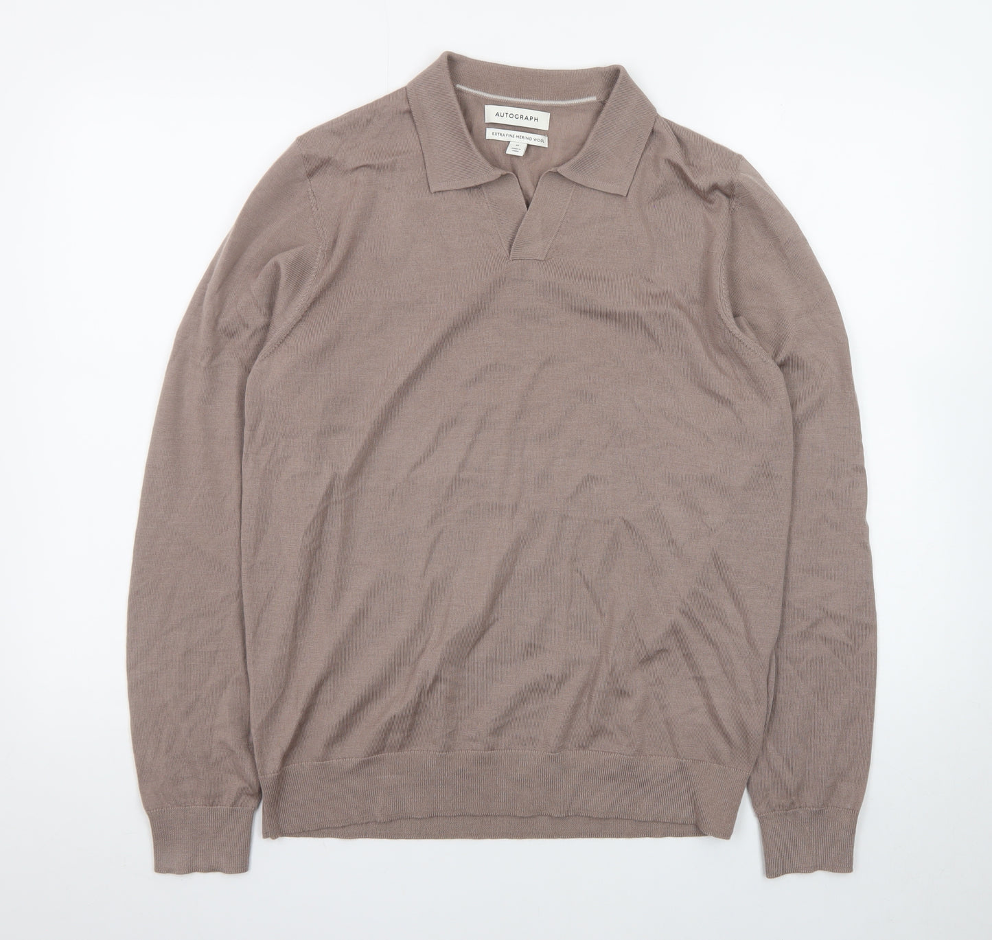 Marks and Spencer Autograph Men's Beige Merino Wool Long Sleeve Polo M