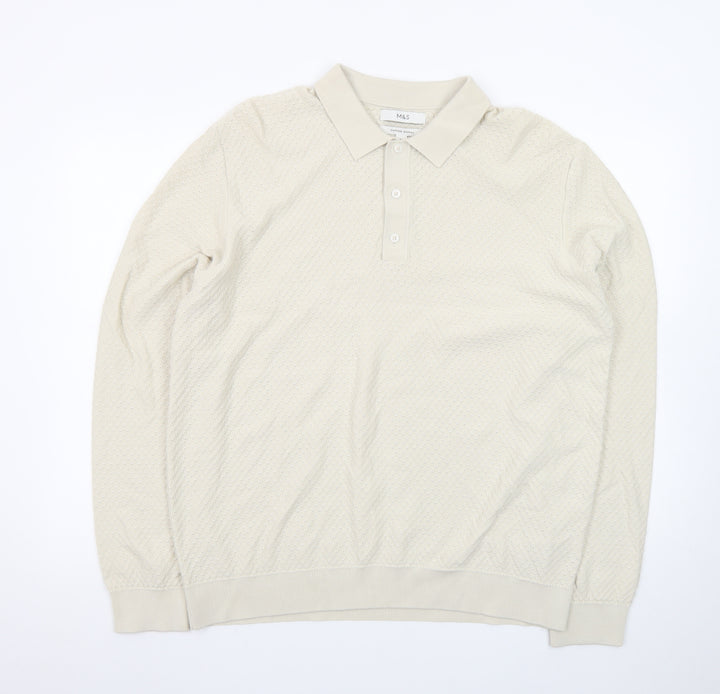 Marks and Spencer Men's Beige Collared Pullover Jumper XL Cotton Modal