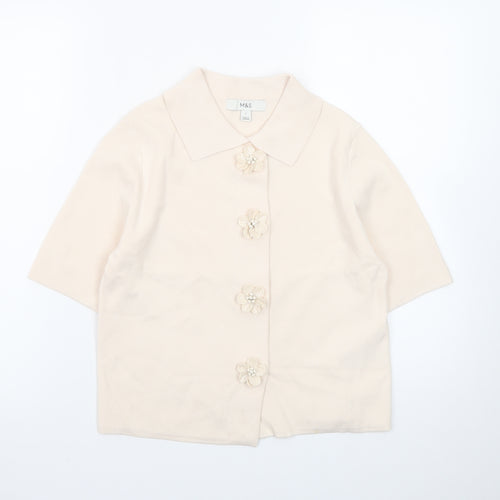 Marks and Spencer Women's Beige Collared Short Sleeve Cardigan Small