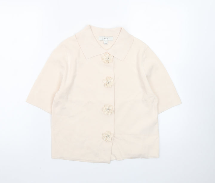 Marks and Spencer Women's Beige Collared Short Sleeve Cardigan Small