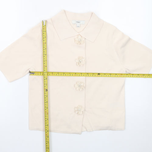 Marks and Spencer Women's Beige Collared Short Sleeve Cardigan Small