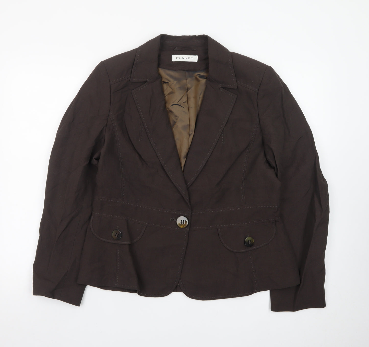 Planet Womens Brown Linen Viscose Blazer UK 14 Single-Breasted Jacket