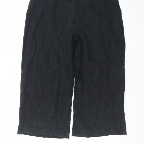 Marks and Spencer Women Black Linen Cropped Wide-Leg Trousers UK 16 Long