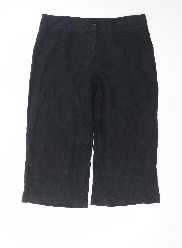 Marks and Spencer Women Black Linen Cropped Wide-Leg Trousers UK 16 Long