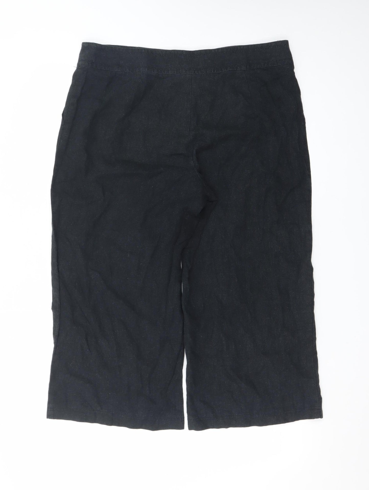Marks and Spencer Women Black Linen Cropped Wide-Leg Trousers UK 16 Long