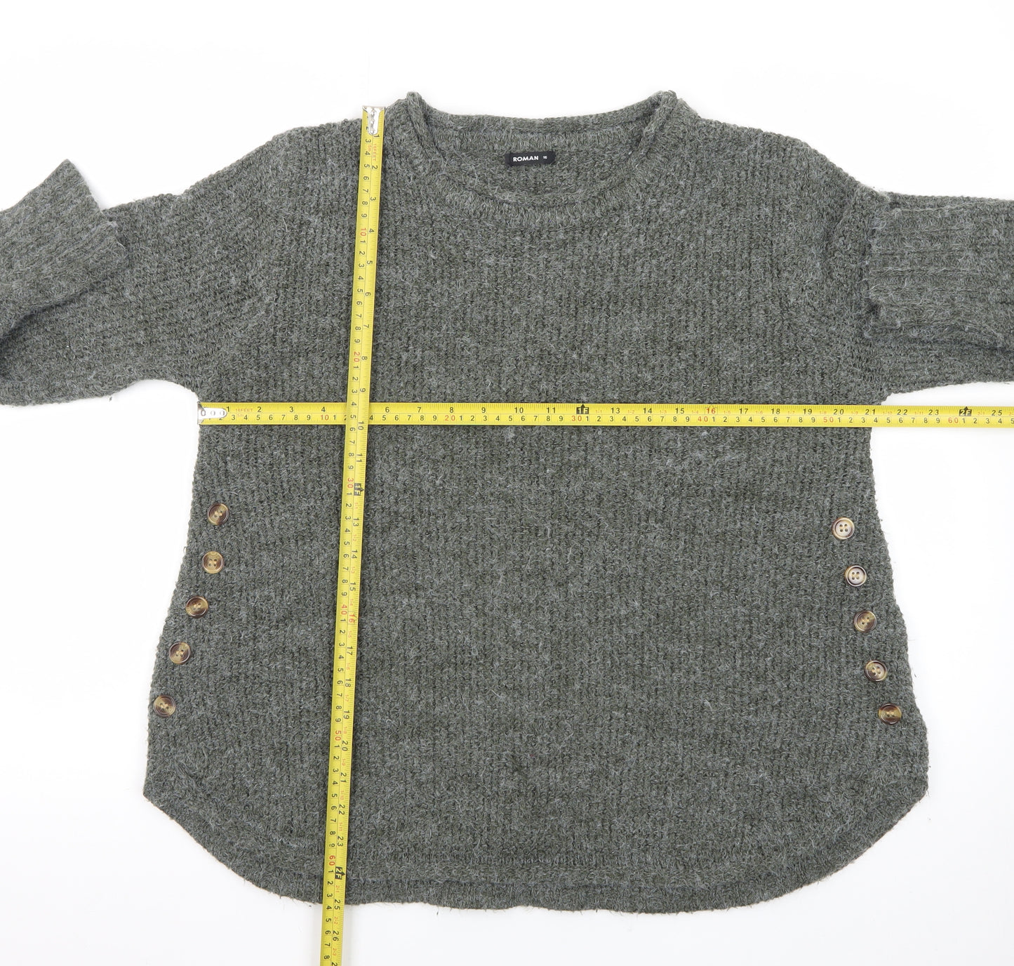 Roman Women Grey Button Accent Long Sleeve Knit Jumper Size 16
