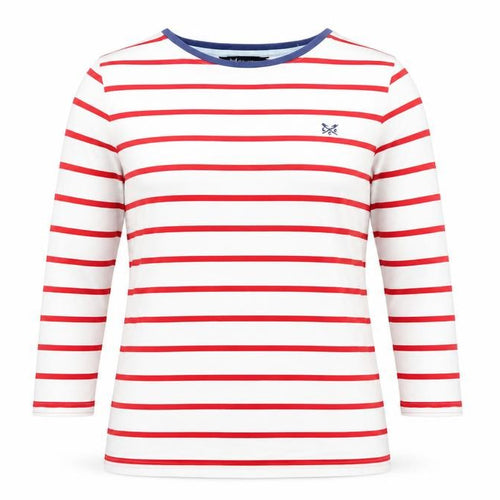Crew Clothing Company Women's White Striped 3/4 Sleeve Cotton T-Shirt Size 10