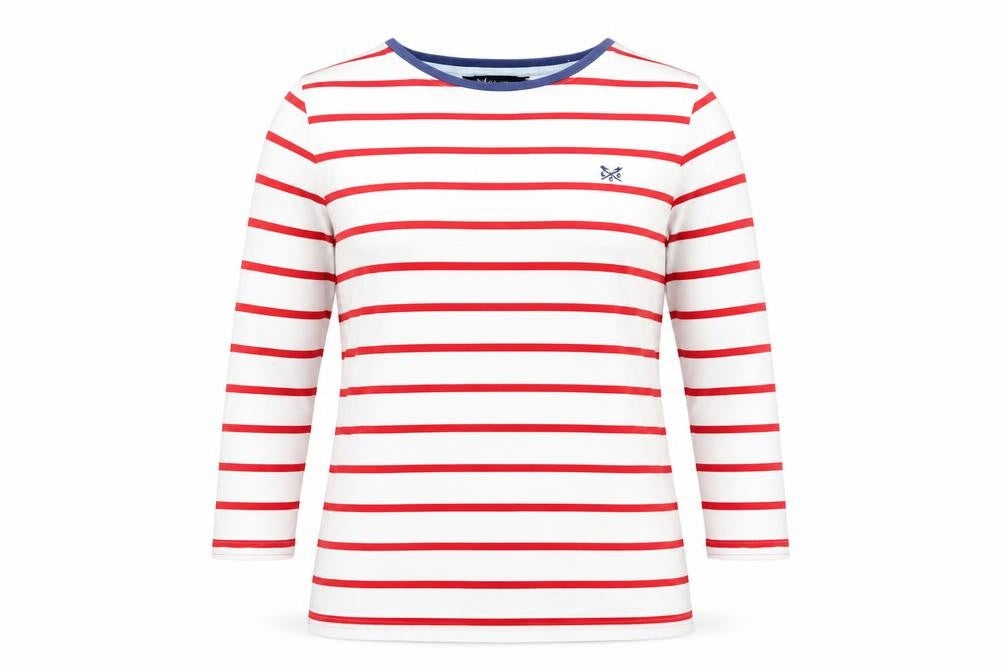 Crew Clothing Company Women's White Striped 3/4 Sleeve Cotton T-Shirt Size 10